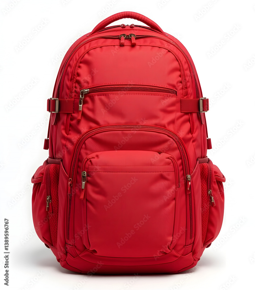 Fototapeta premium Vibrant red backpack designed for school or travel, isolated against a clean white background