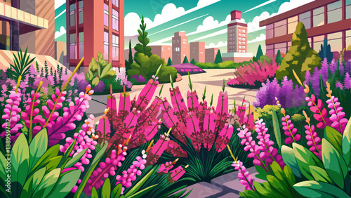 Pink flowering winter heath (Erica carnea) in an urban garden