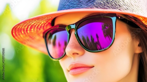 Young woman wearing stylish sunglasses and a wide-brimmed hat, enjoying a sunny day outdoors