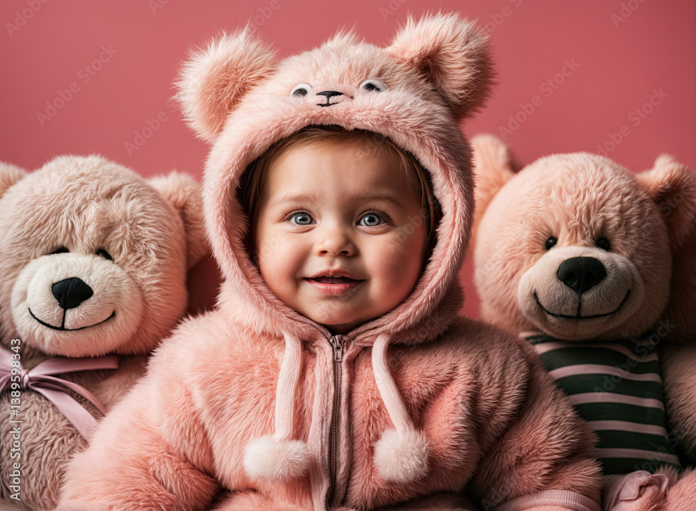 A sweet toddler, dressed in a soft pink bear-themed jumpsuit, smiles warmly.