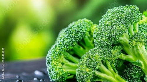 Freshly harvested broccoli on a wooden surface with a blurred green background, showcasing freshness