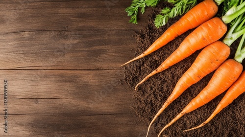Freshly harvested carrots lying on rustic wooden surface with soil and green tops visible