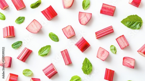 Colorful Chopped Rhubarb and Fresh Mint Leaves on a White Background