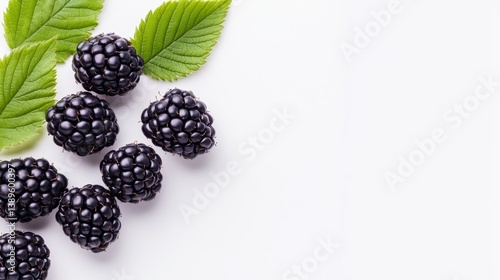 Fresh blackberries arranged with green leaves on a clean white background for culinary use