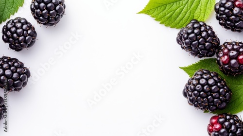 Fresh blackberries with green leaves arranged on a white background, ideal for food photography