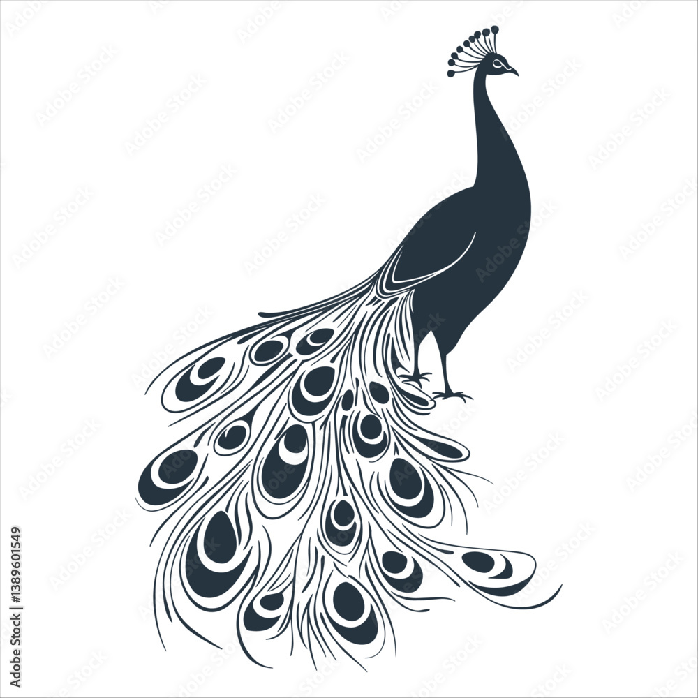 Fototapeta premium Stylized Peacock Graphic Vector with Elegant White Background