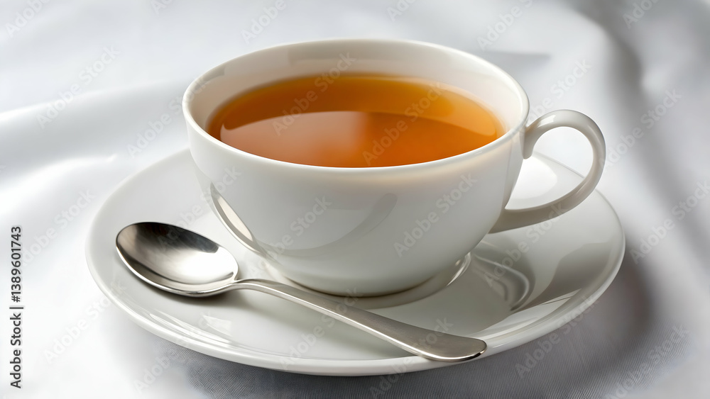 White Porcelain Cup of Tea with Spoon on Saucer White Porcelain Cup of Tea with Spoon on Saucer