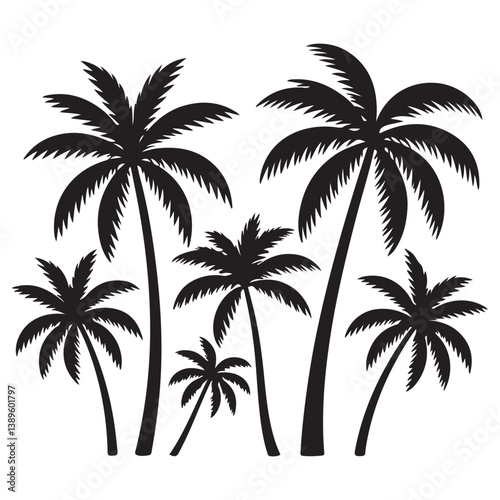 Set of Vector Black silhouettes of palm trees on a white background.