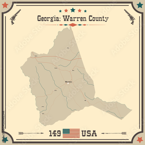 Large and accurate map of Warren County, Georgia, USA with vintage colors.