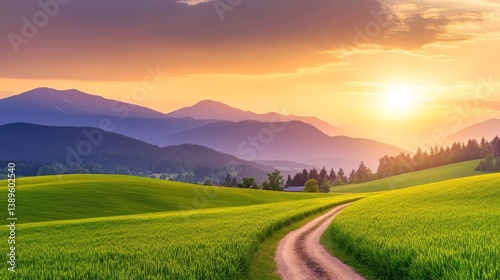 Serene sunset over rolling hills and a winding path through lush green fields