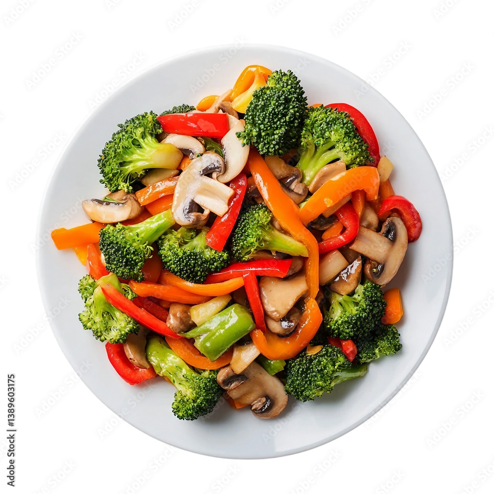 Fresh vegetable stir-fry with broccoli, red bell peppers, mushrooms, and carrots on a white plate, top view. Fresh vegetable stir-fry with broccoli, red bell peppers, mushrooms, and carrots on a white plate, top view.
