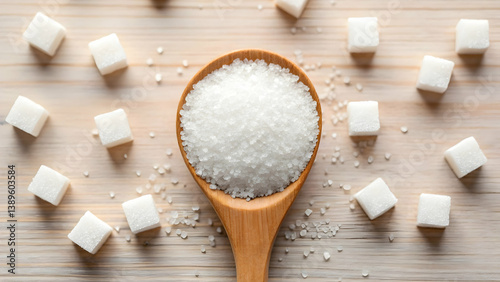 White Sugar Cubes and Crystals on Wooden Background