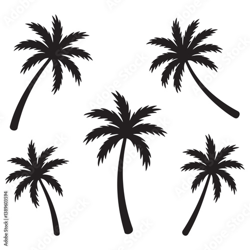 Set of Vector Black silhouettes of palm trees on a white background.