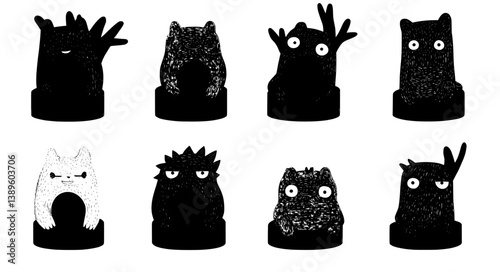 Forest animals, such as cute woodpeckers, adorable foxes, and squirrels, along with birds that nest, reside in hollows like tree holes and wooden burrows that act as their natural homes or houses