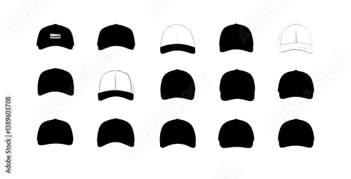 A neat, modern illustration of cartoon baseball caps, summer cappella hats, skater rap snapback hats, and athlete sport uniforms, including trucker promotional hats and a beach cap, is shown from the