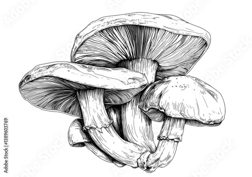 A modern illustration of oyster mushrooms, resembling forest wood edible mushrooms, is created in a hand-drawn sketch doodle style, featuring line art graphics of healthy vegetarian food isolated on