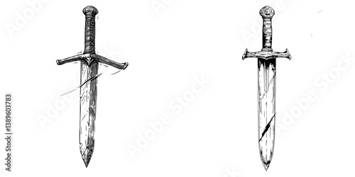 A medieval weapon depicted in a hand-drawn sketch style, this vintage dagger is ideal for tattoos and retro historical designs, presented as a modern illustration on a white background
