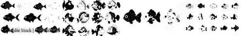 A set of cartoon fish stickers features bright, cute, and kind marine aquarium characters in a modern illustration style