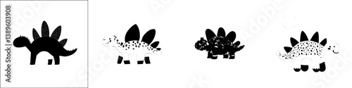 The Stegosaurus is depicted in isolation as a cartoon alongside a triceraptor that is grazing, while a modern orange spinosaurus represents a prehistoric predator animal