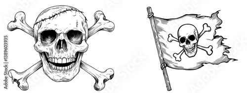 The image of a grim reaper and a skull and crossbones on a pirate jolly roger flag