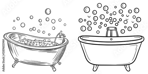 The illustration is a modern outline line art representation of a bathroom, where a bathtub with hand drawn soap suds doodle and a shower room with a watering can indicating tropical rain come
