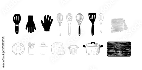 The set in question is a cute kitchenware collection that includes modern kitchen tools, utensils, and equipment, and features cartoon cooking appliances in an isolated cookware arrangement