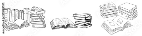 The image features a stack of books with an opened notebook sitting atop, symbolizing education and school, rendered in a contemporary line art style with a hand-drawn sketch doodle aesthetic