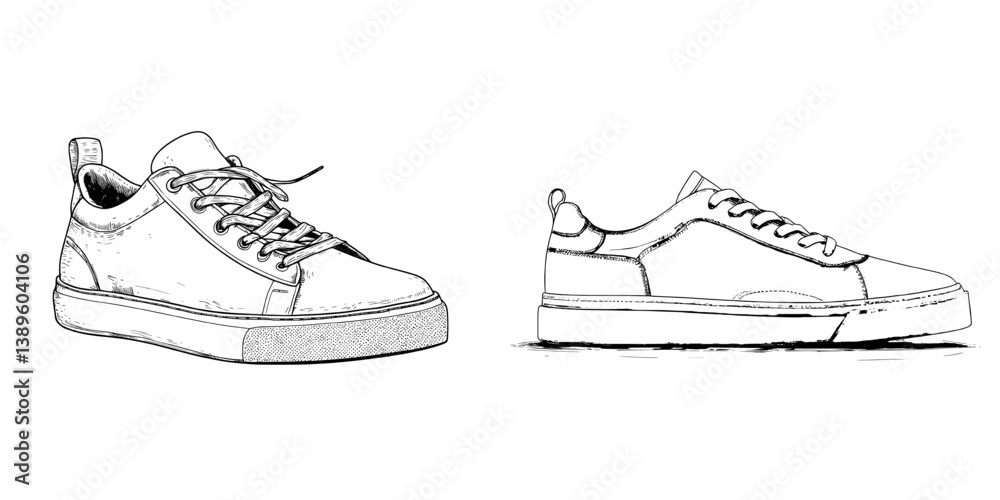 Illustration of a classic low-top sneaker in a technical sketch style, ideal for designing custom casual sneakers, featuring a modern doodle outline in front and side views on a white background