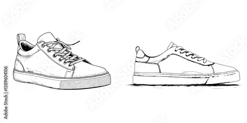 Obraz na płótnie Illustration of a classic low-top sneaker in a technical sketch style, ideal for designing custom casual sneakers, featuring a modern doodle outline in front and side views on a white background w salonie
