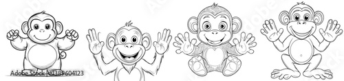 A happy cartoon monkey character is waving with both of its hands and looks very cute
