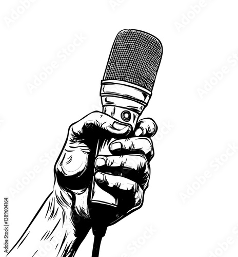 A fist hand holding a microphone takes center stage in a dynamic comic book pop art cartoon illustration, complete with an explosion in the background