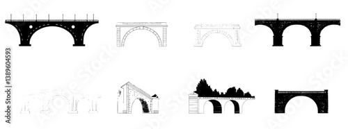 Cartoon represents the fusion of architecture, as seen in modern river bridges made of concrete and iron, with suspension structures for car and railway transportation, forming a neat and modern