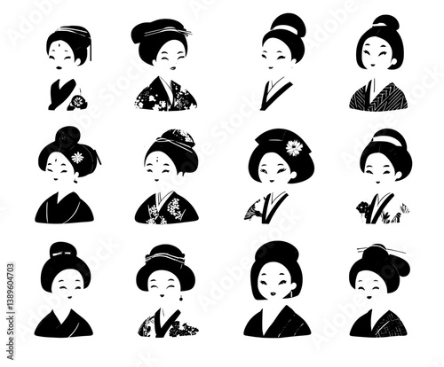 Modern illustrations of cute Japanese women from medieval times, anime girls with Asian hairstyles and hairpins, geisha portraits, and elegant lady mascots for games in a cartoon set