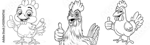A cartoon rooster, which is a type of chicken, is depicted as a cockerel bird mascot giving a thumbs up