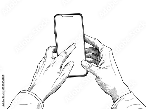 The illustration is a continuous line cartoon of a hand holding a mobile phone, with bloggers and people using smartphones or tablets, presented in a modern style with an editable stroke on a white