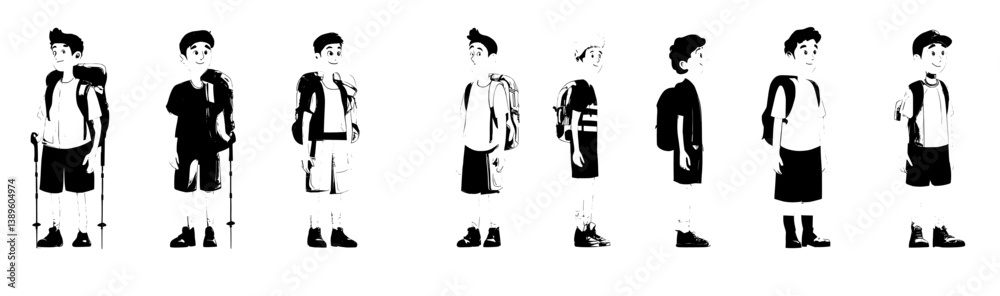 Travelers are depicted in a cartoon setting, featuring a man and woman with backpacks, dressed in yellow and green hiking attire, as part of a group of people on a tourist expedition Travelers are depicted in a cartoon setting, featuring a man and woman with backpacks, dressed in yellow and green hiking attire, as part of a group of people on a tourist expedition
