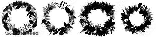 Tropical jungle scenery features rainforest liana branches and leaves, along with tropical forest shrub twig designs and jungle liana or ivy branches in modern circular frames or as creeper plant