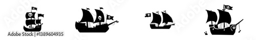 The antique brigantine sail ship of a Corsair pirate is comparable to a privateer's historical frigate sailboat and a filibuster's isolated modern or ancient caravel warship adorned with the Jolly
