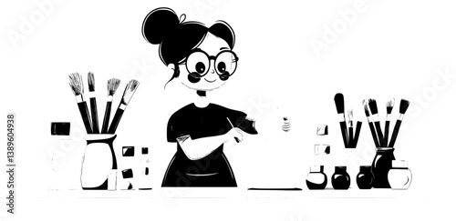 In a scene of modern illustration, a redhead woman artist is seen wearing a green and orange apron and sweater, drawing and painting at a table, exemplifying her creative hobby, training, and