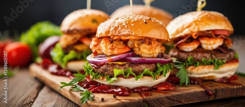 Delicious assorted of chicken burger, shrimp burger and beefburger on wooden board. Generated AI