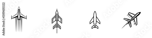 Collection of minimalist line icons representing aircraft in various perspectives and styles showcasing modern aviation design