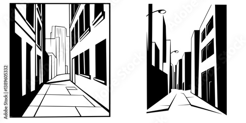 Set of vector minimalist line icons showcasing abstract city street views with distinctive architectural elements and alleyways