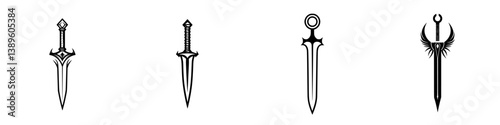 Collection of minimalist line icons featuring various sword designs for creative projects and illustrations