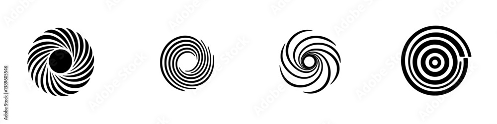 Set of four minimalist vector line icons depicting spiral designs in various styles Set of four minimalist vector line icons depicting spiral designs in various styles