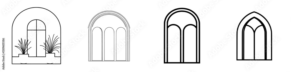 Minimalist line icons representing arched windows with plants, showcasing modern design and simplicity