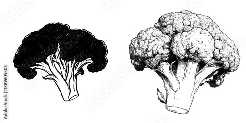 A sketch of broccoli represents isolated green vegetarian food, alongside modern green cabbage and organic raw vegetables
