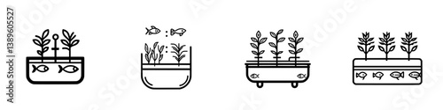 Minimalist vector line icons of aquaponics systems featuring plants and fish in various containers for sustainable gardening