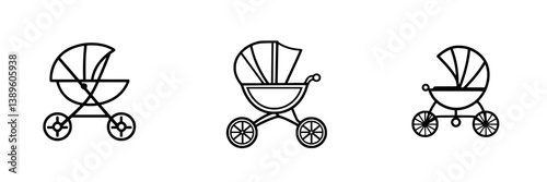 Minimalist line icons representing various baby strollers in a simple and elegant design