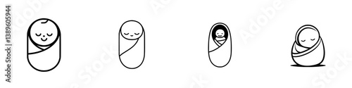 Minimalist line icons depicting swaddled infants in various poses and expressions for design and illustration purposes