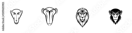 This graphic features a collection of minimalist line icons depicting heads of various primates, including a monkey, baboon, lion, and chimpanzee